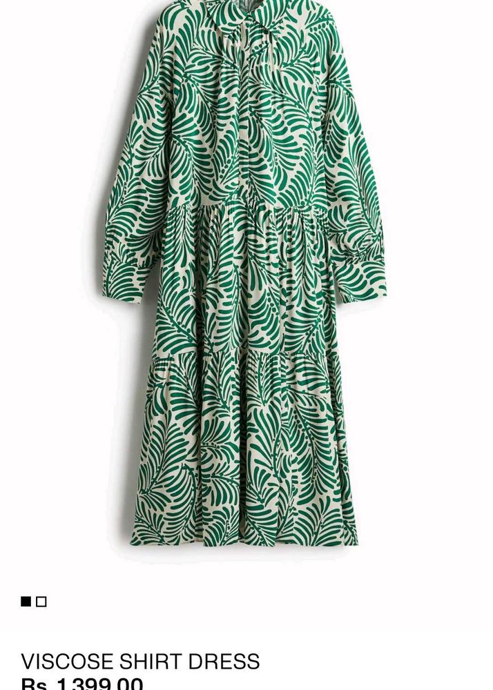 ​H&amp;M Green &amp; White Printed Viscose Shirt Dress