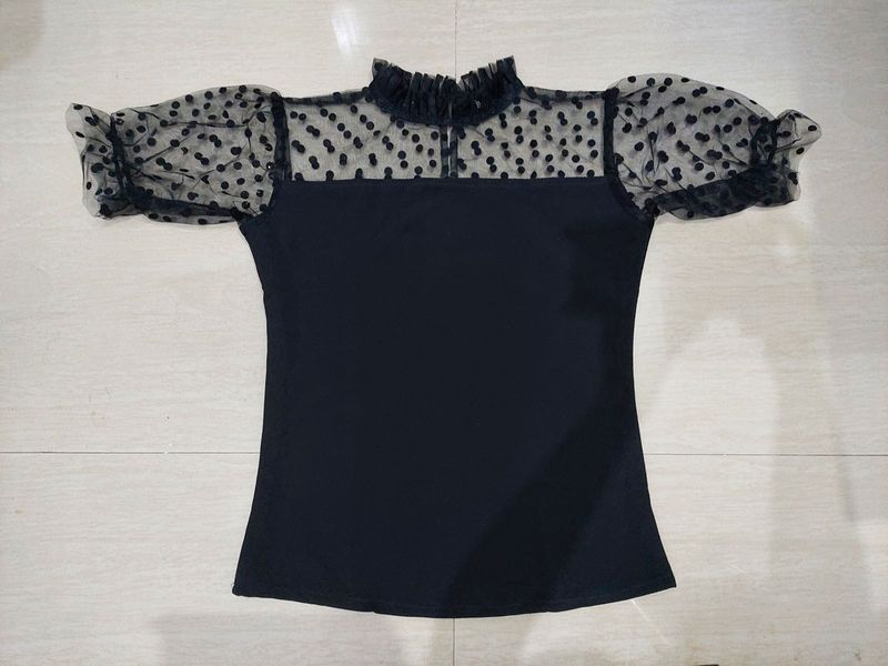 Chic Black Polka Dot Mesh Top