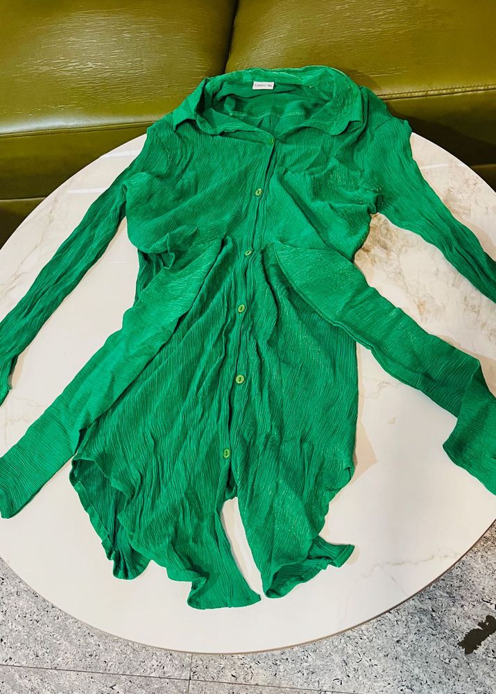 Vibrant Green Crinkle Button-Up Top