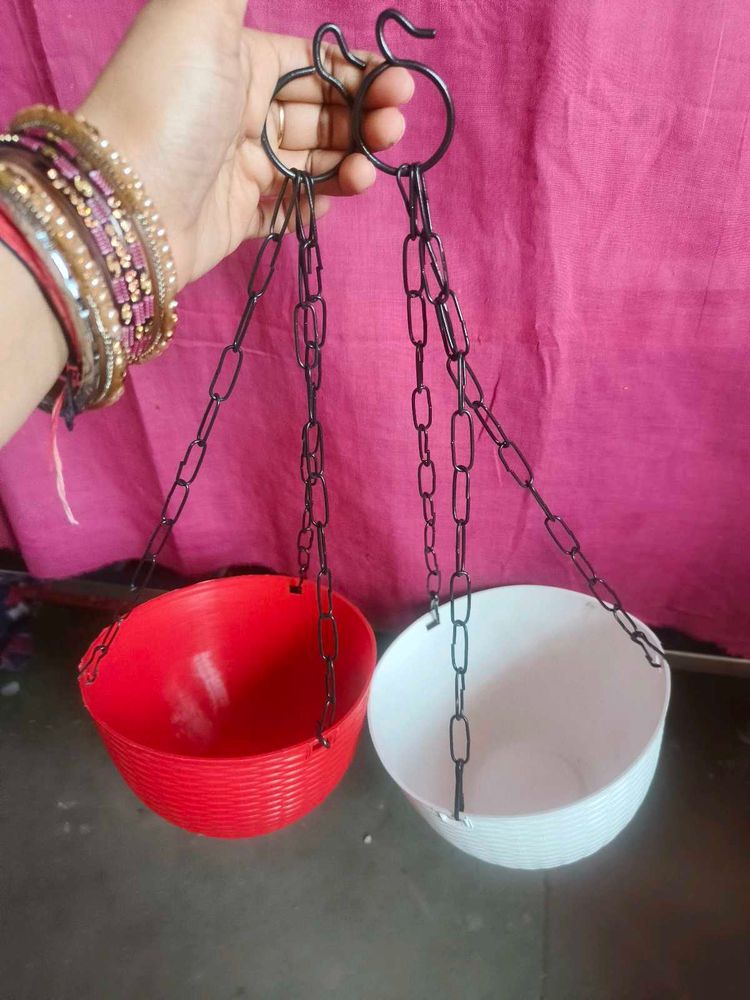 Hanging Planters Red &amp; White Set Of 2