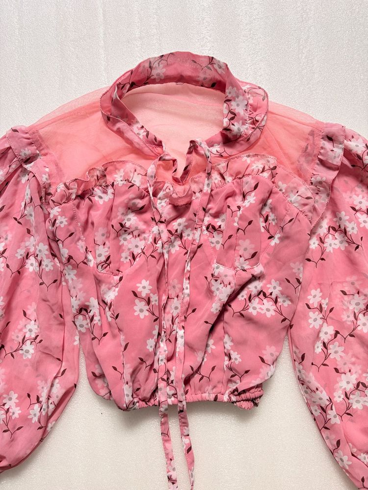 Chic Pink Floral Puff Sleeve Top