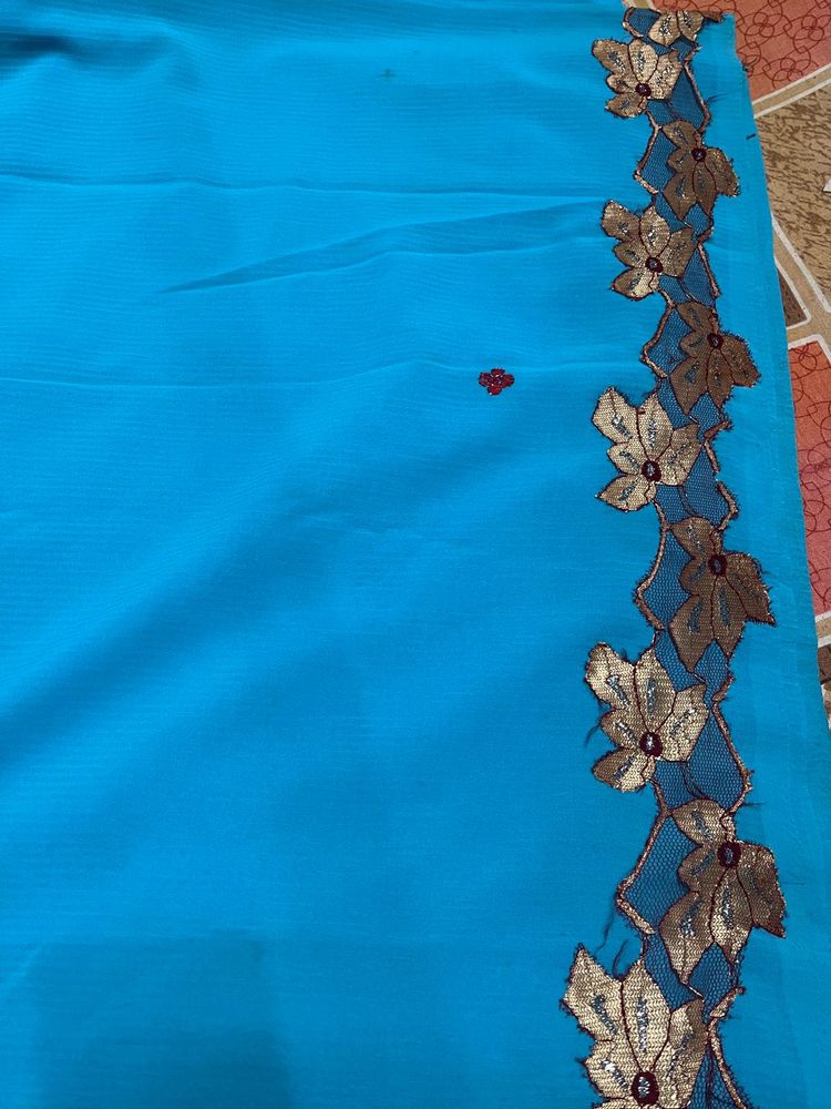 Beautiful Blue Saree with Floral Border