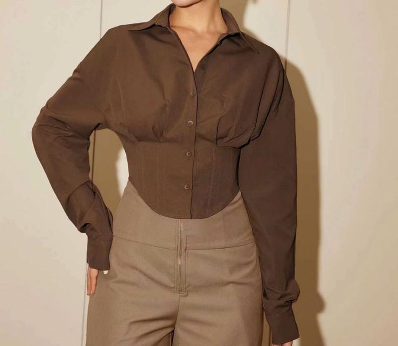 Chic Brown Corset Button-Up Shirt