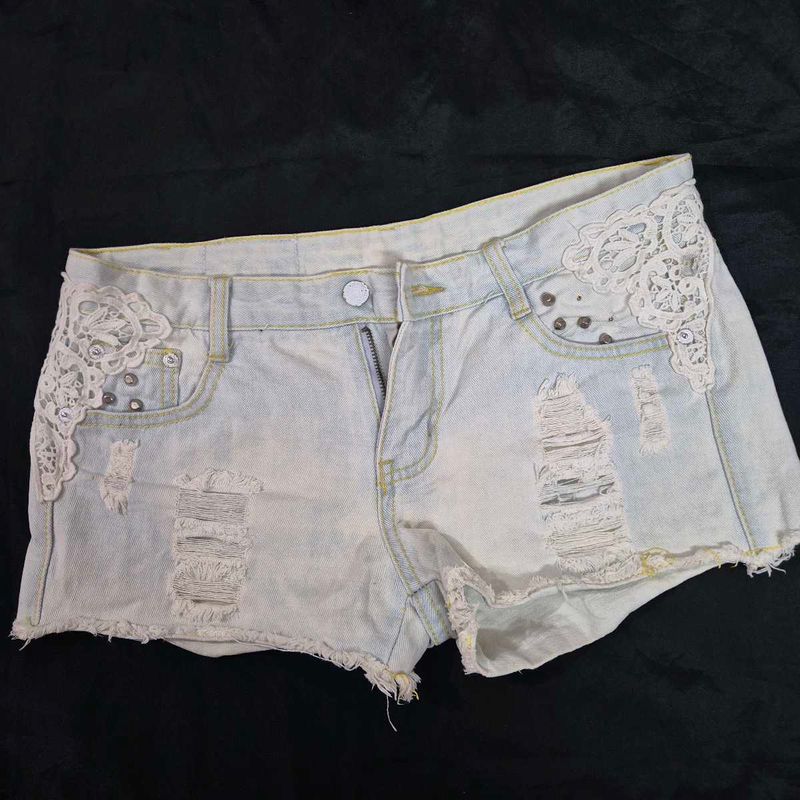 Distressed Denim Shorts with Lace y2k