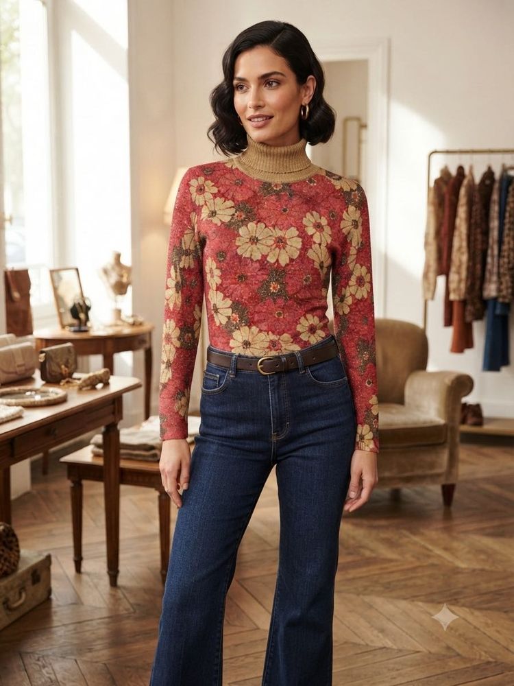 Vintage Floral Turtleneck Sweater