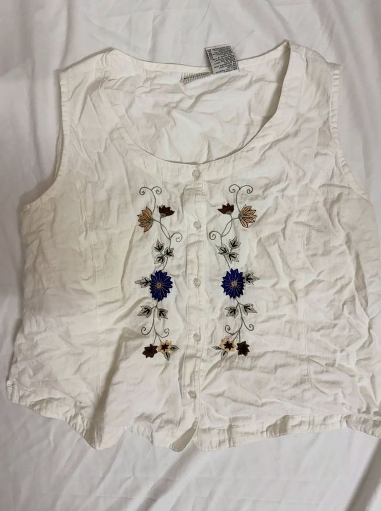 Embroidered White Sleeveless Top