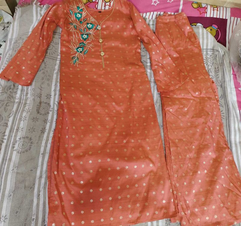 Peach Polka Dot Kurta Set with Embellished Necklin