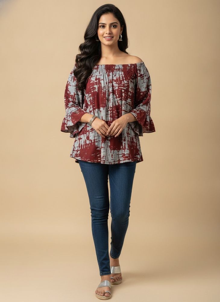 Maroon &amp; Grey Off-Shoulder Top