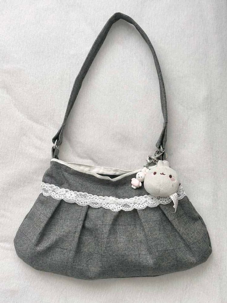 y2k Charming Grey Hobo Bag with Charm