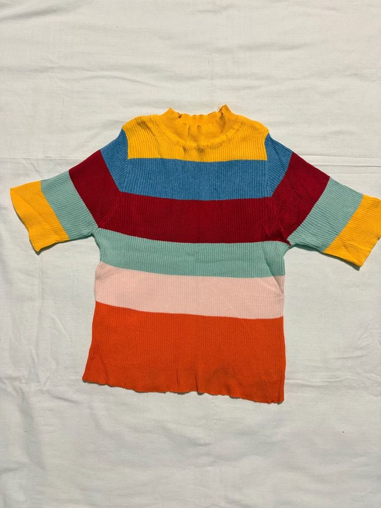 Colorful Striped Ribbed Mock Neck Top