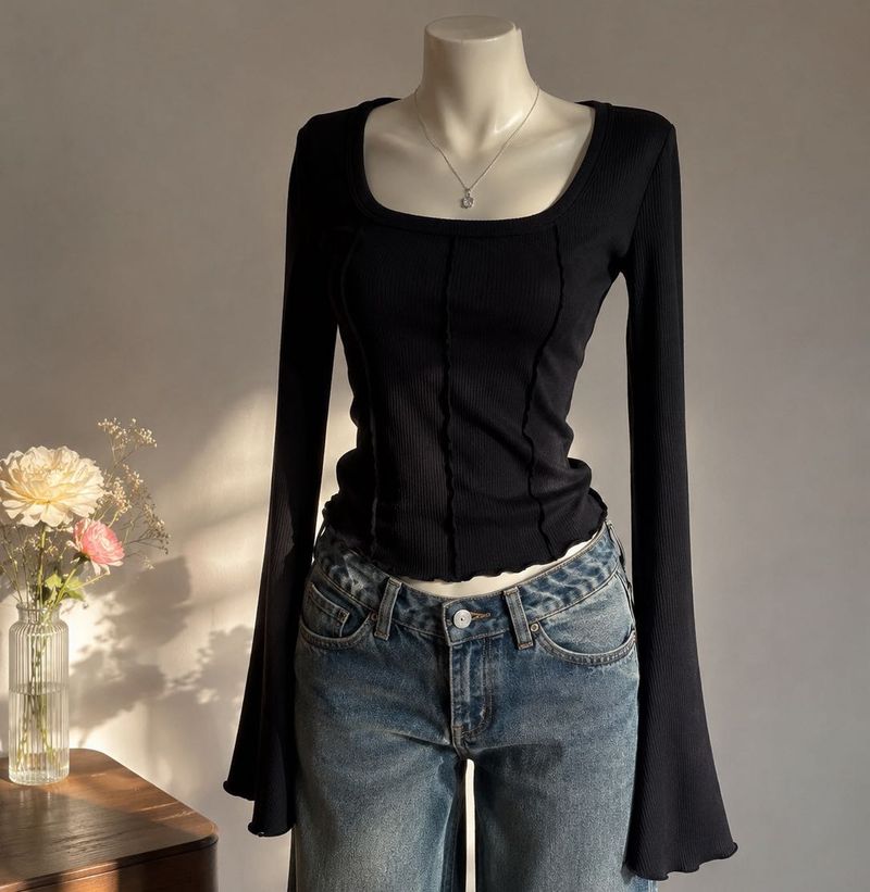 Chic Black Bell Sleeve Ribbed Top