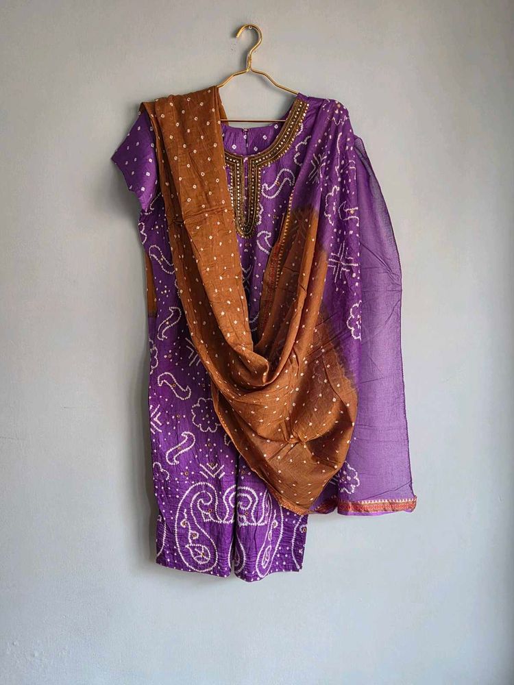 Purple Bandhani 3Pc Kurta Set with Dupatta