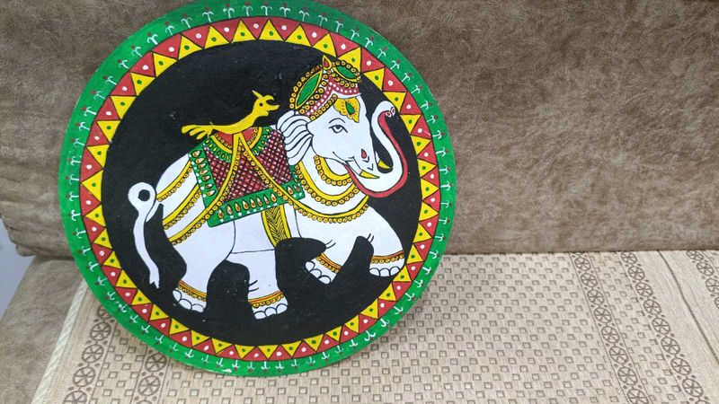 Hand-Painted Elephant Decor Wood Plate