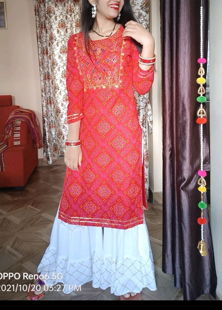 White And Red Kurti  Sharara Set