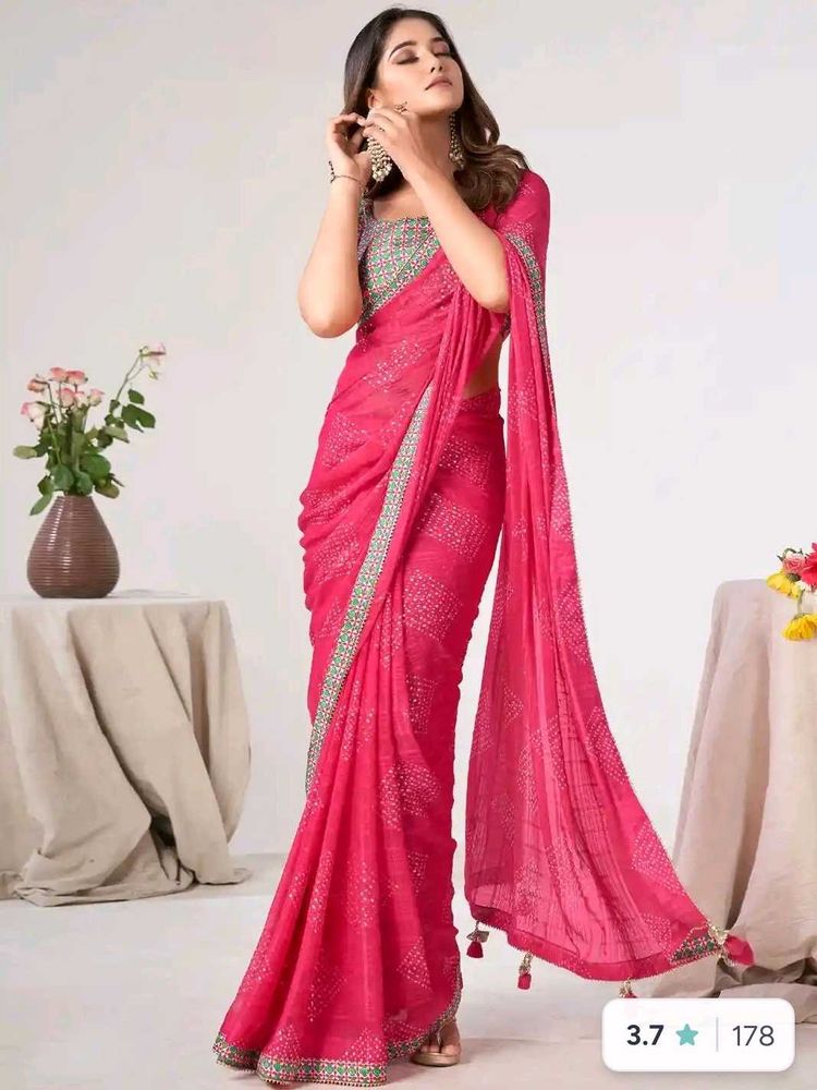 Elegant Pink Poly Georgette Saree