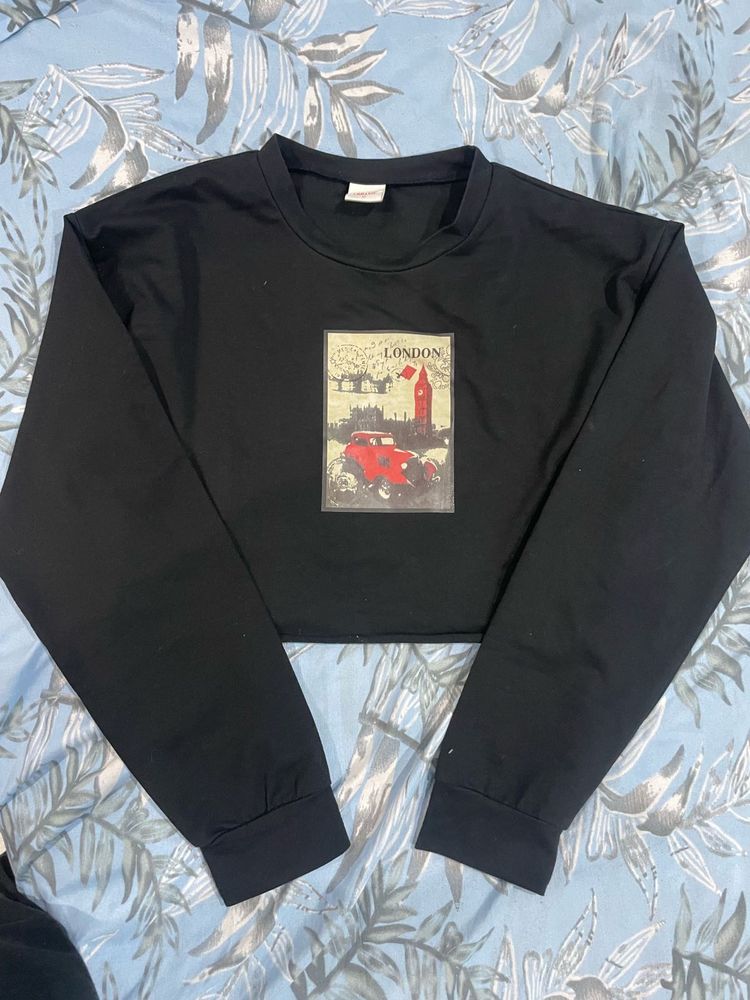 Black London Graphic Cropped Sweatshirt