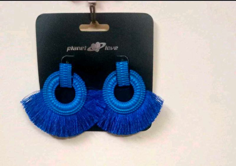 Vibrant Blue Tassel Hoop Earrings