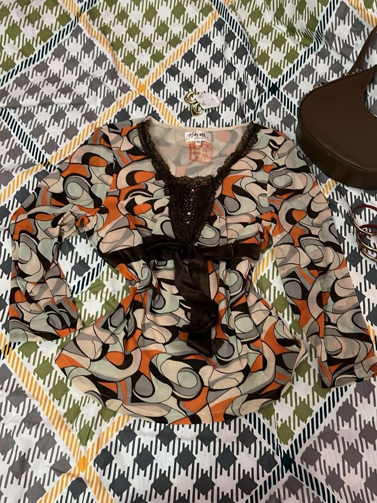 Retro Print Sheer Bell Sleeve Top