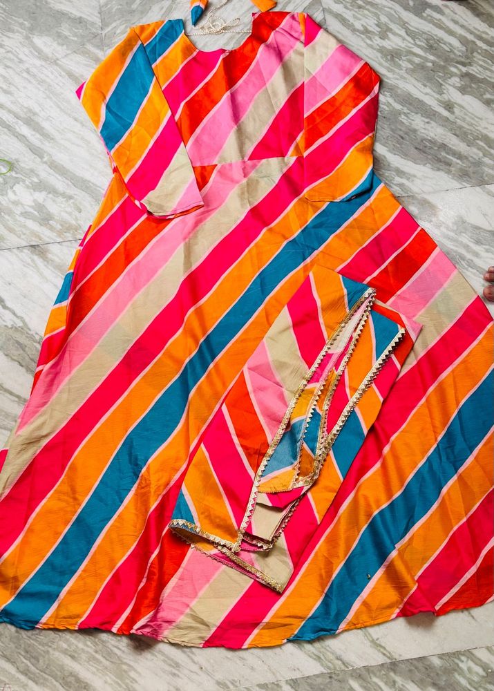 Vibrant Striped Anarkali Kurta with Dupatta