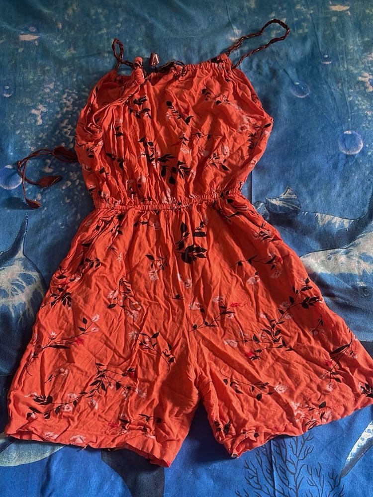 Orange Floral Print Romper