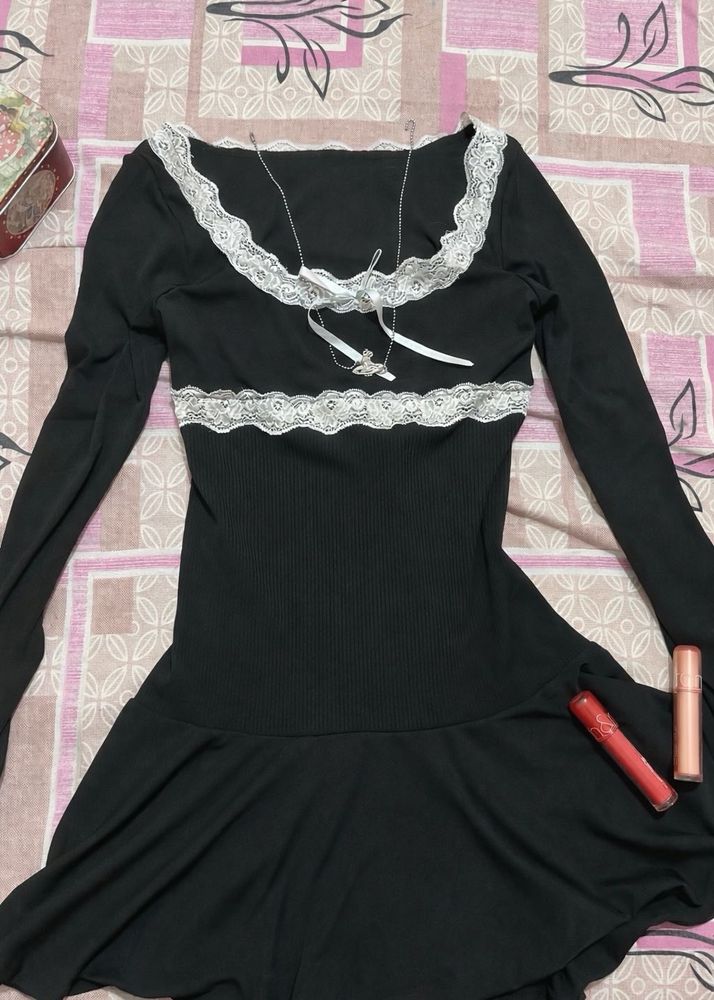 bow panel lacy black coquette mini dress