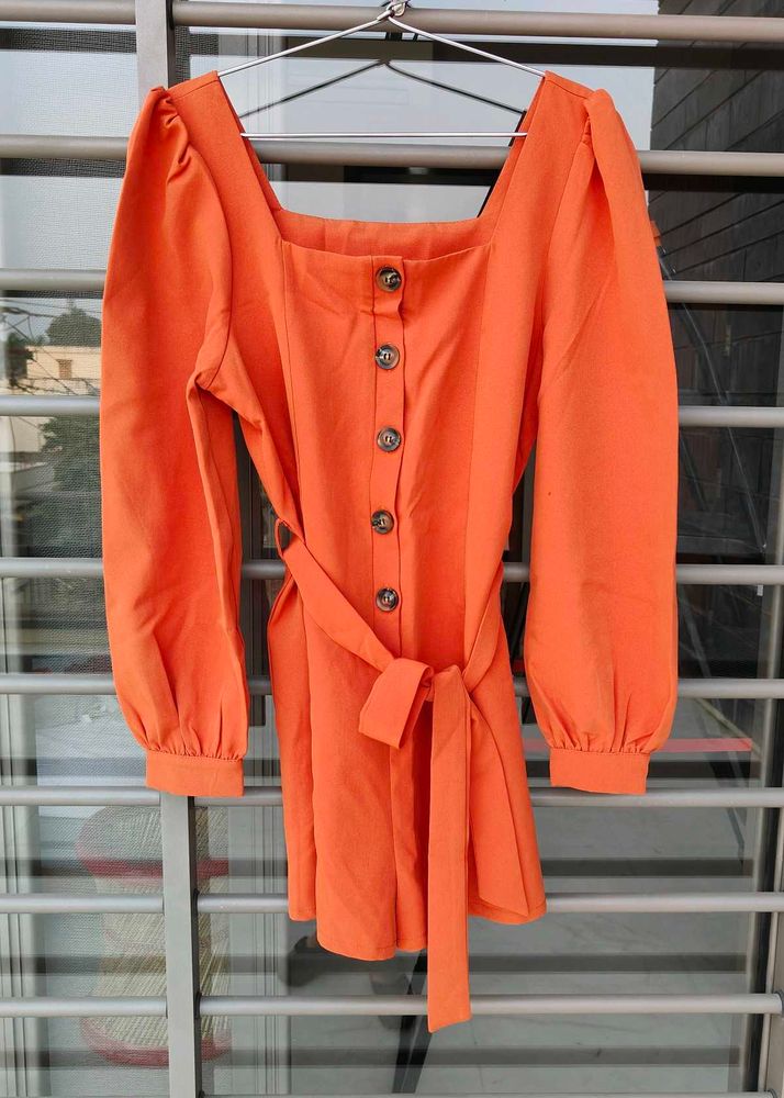 Orange Puff Sleeve Button-Up Dress