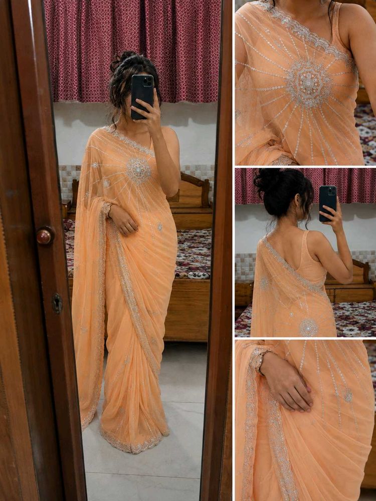 Peach Orange Saree with Silver Embroidery | Party