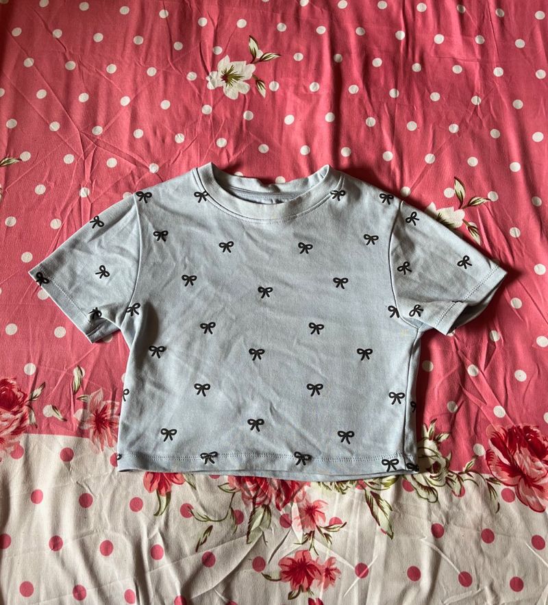 Cute Bow Print Cropped T-Shirt