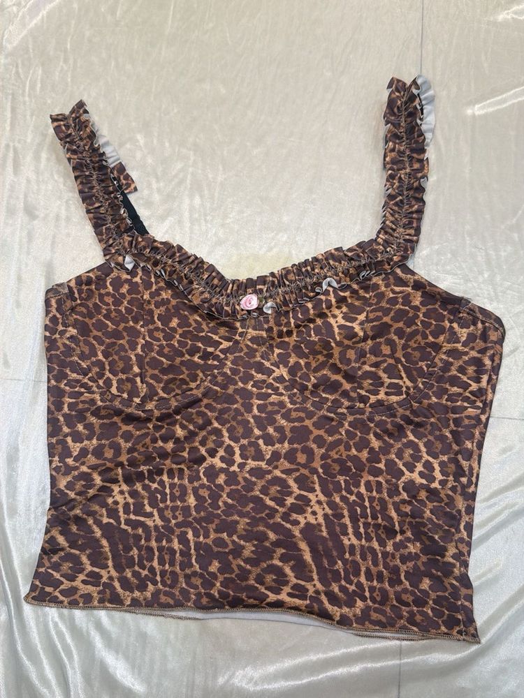 Leopard Print Ruffle Trim Crop Top