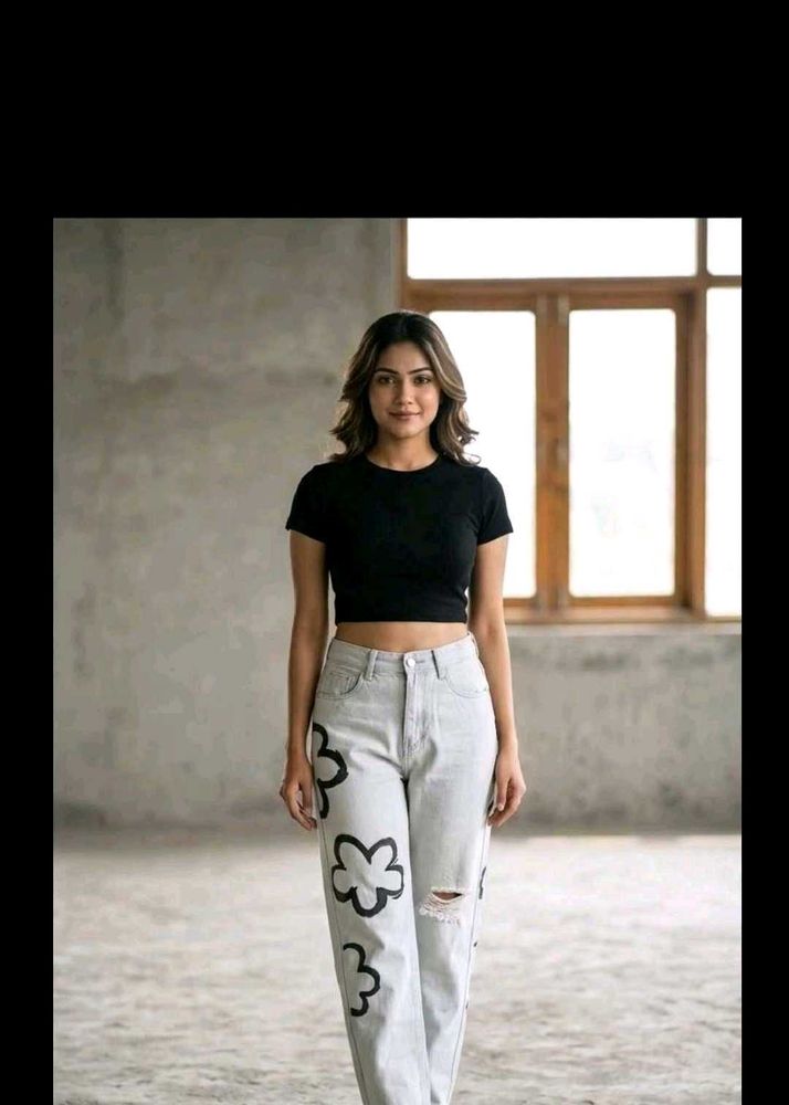 Stylish Light Wash Flower Print Jeans