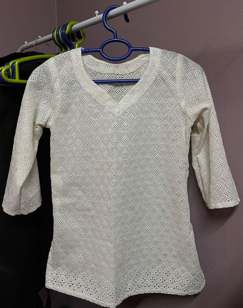 Elegant White Eyelet Kurta Top