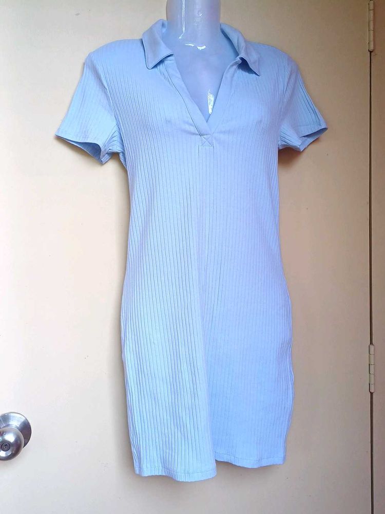 H&amp;M Light Blue Ribbed Polo Dress