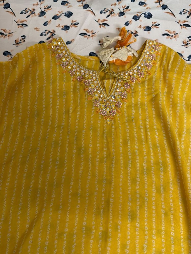 Yellow Embroidered With Mirror  Work Kurta Kaftan