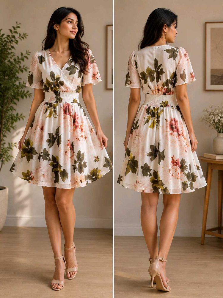 Floral Print Wrap Dress with Flutter Sleeves