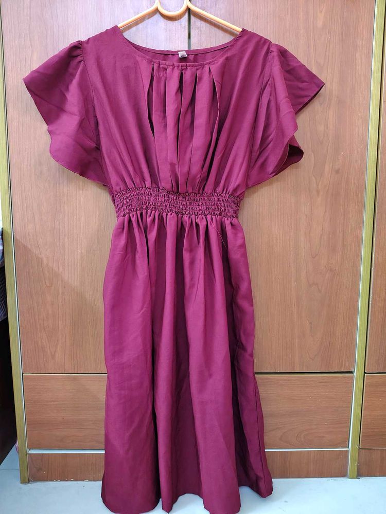 Maroon Smocked Waist Midi Dress