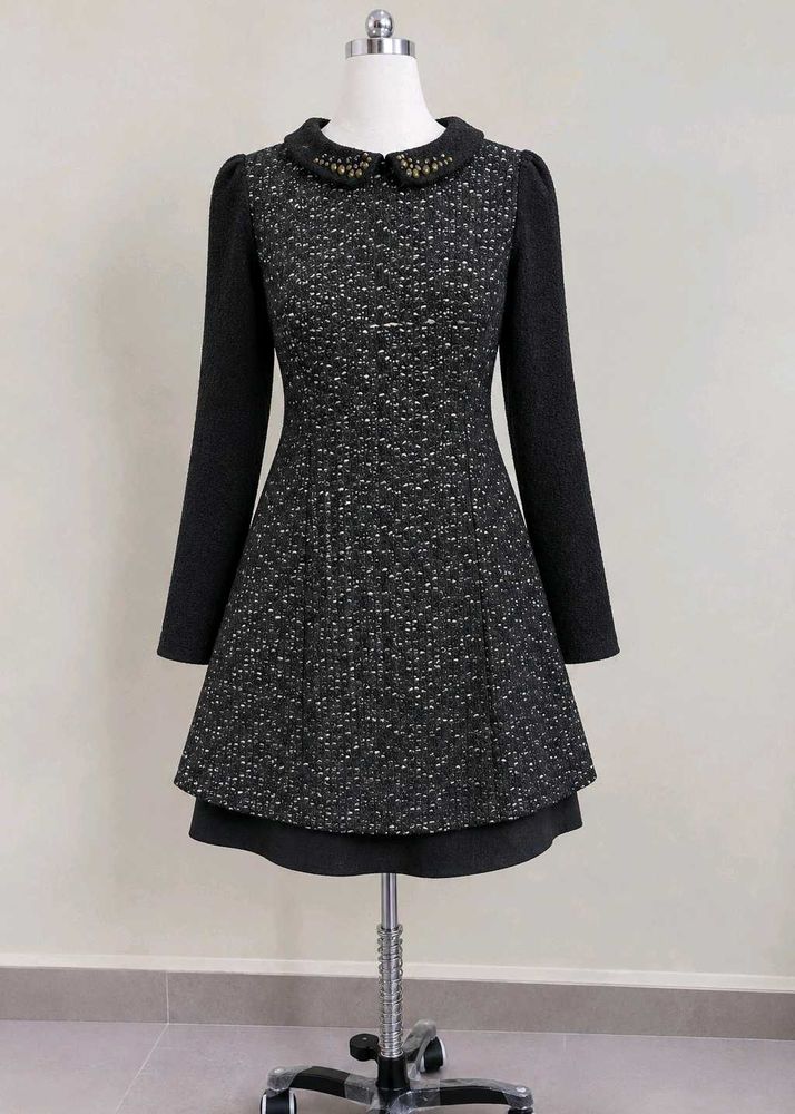 Women’s Black Tweed Coat Dress with Embellished Co