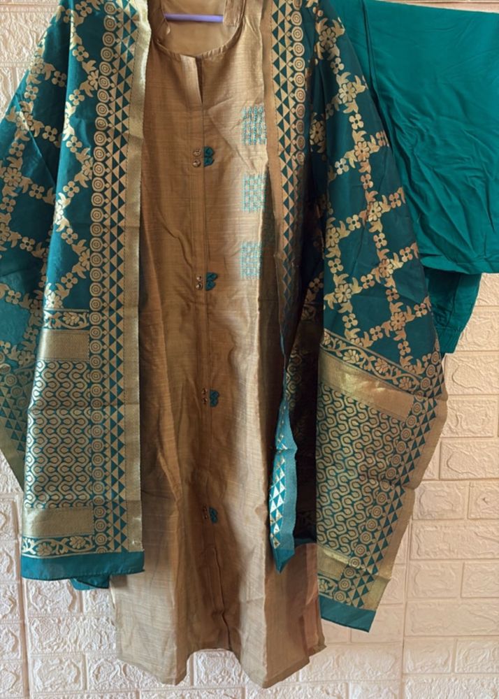 New Elegant Gold &amp; Teal Kurta Set with Dupatta