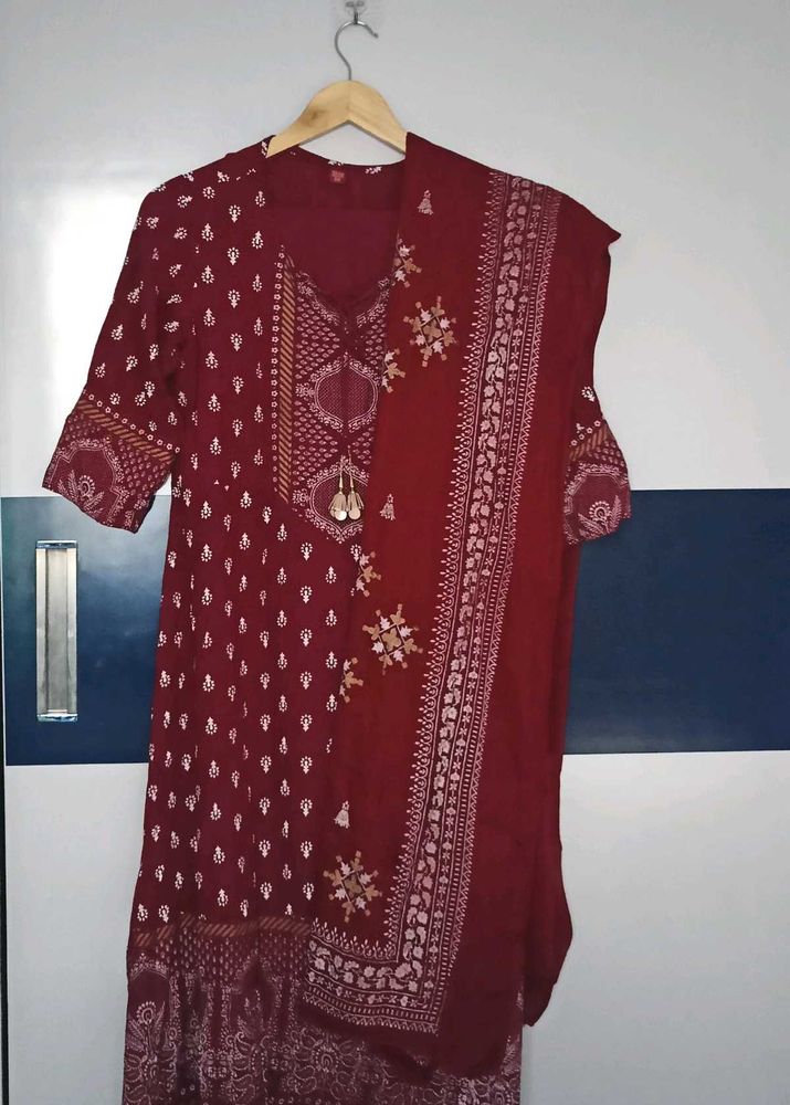 Maroon Printed Frock Suit