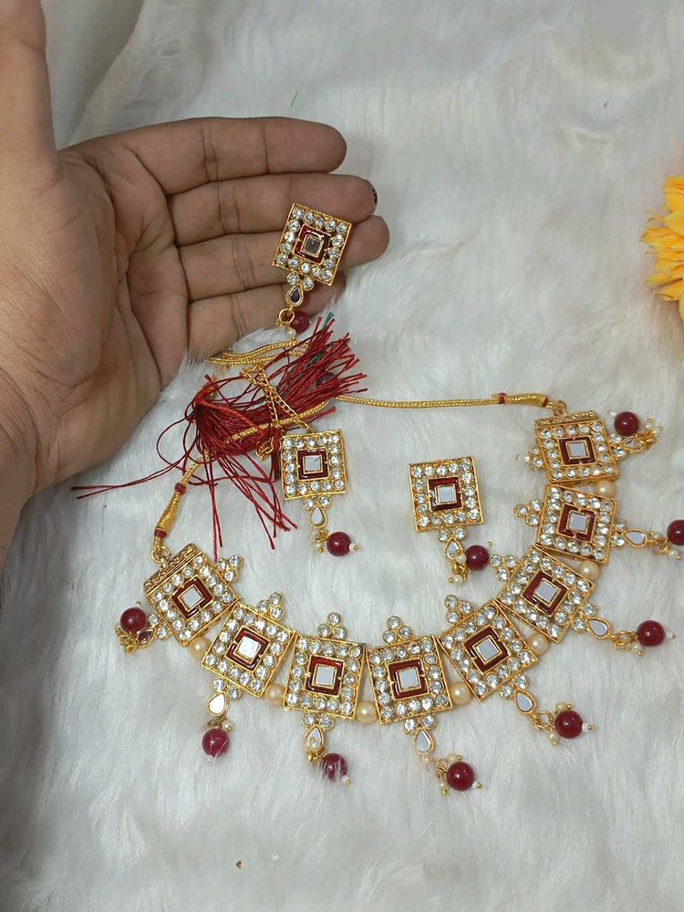 mirror plus minakari Giri maroon color necklace de