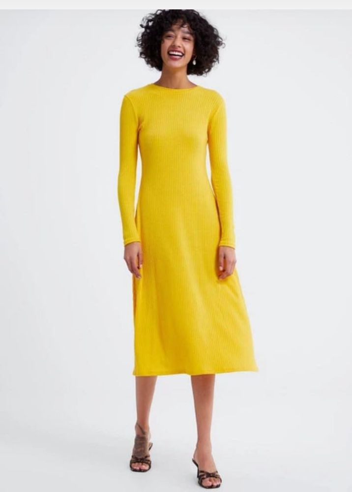 Ribbed Long Sleeve Midi Dress - Mustard Yellow
