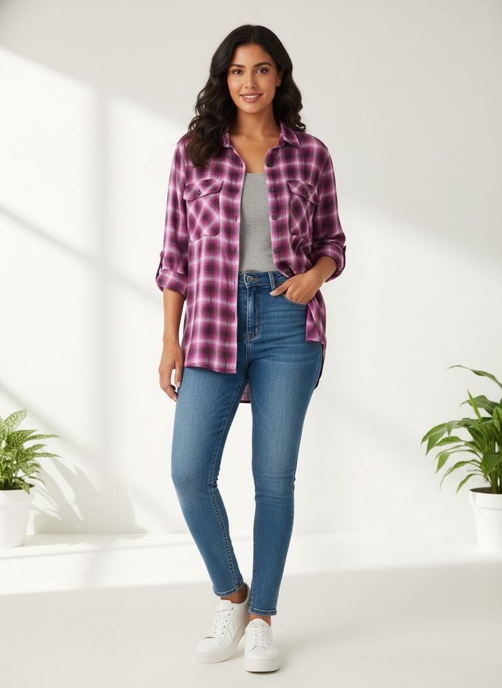 Purple Plaid Button-Up Shirt