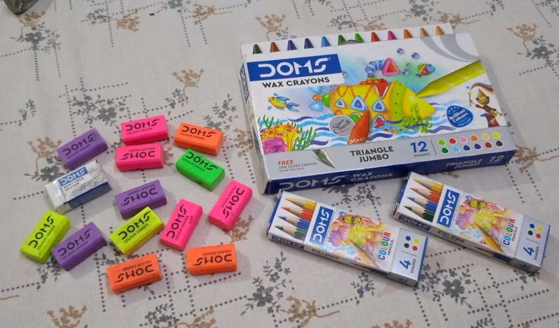 DOMS Wax Crayons &amp; Erasers Set