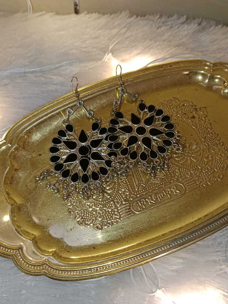 Elegant Black &amp; Silver Oxidized Earrings