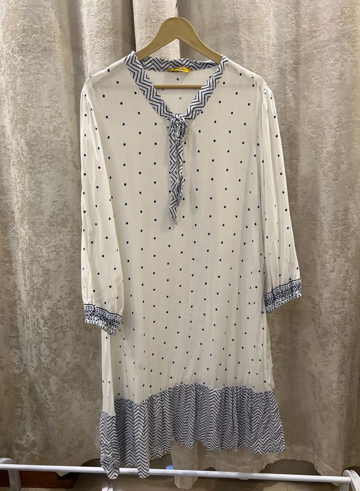 White Polka Dot Kurta with Blue Print