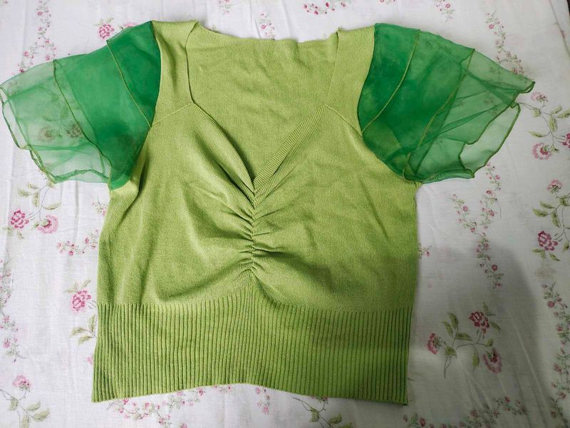 Lime Green Ruched Mesh Sleeve Top