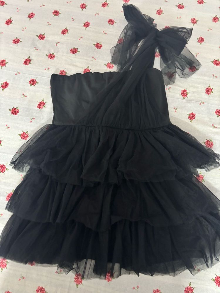 Black Tiered Tulle Dress with Bow Detail