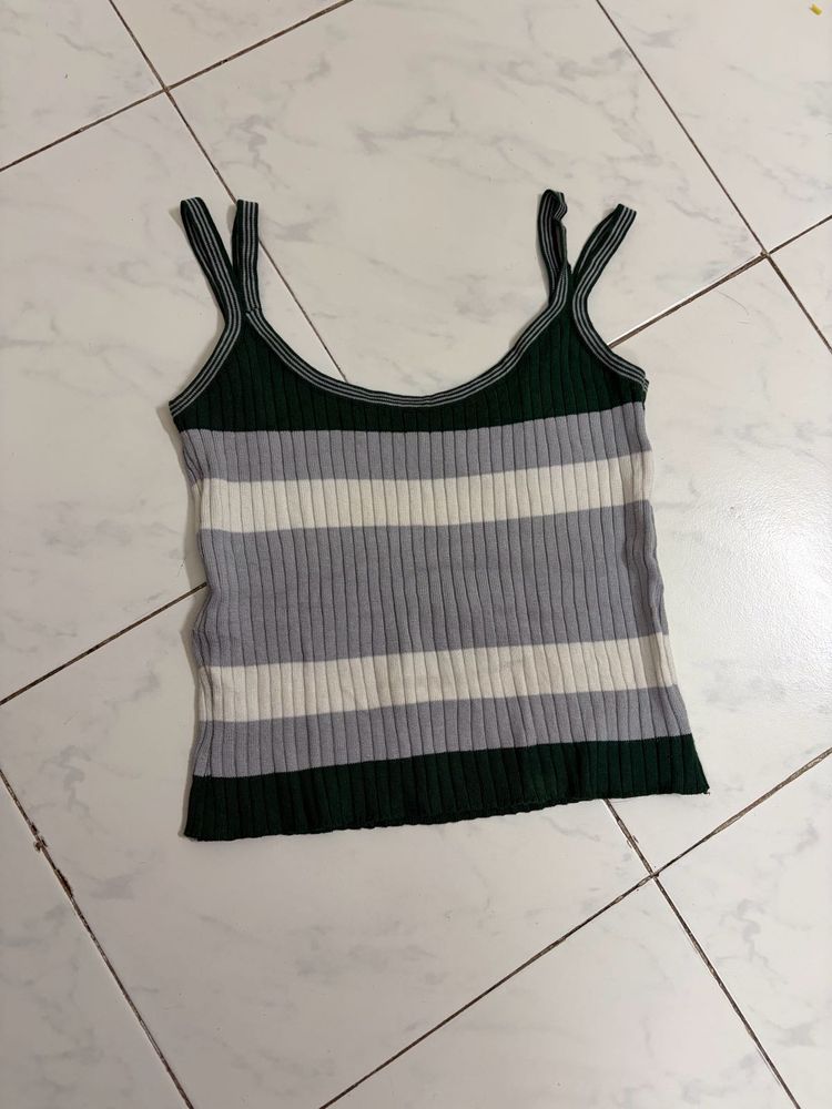 Striped Ribbed Tank Top with Cutout Sleeves