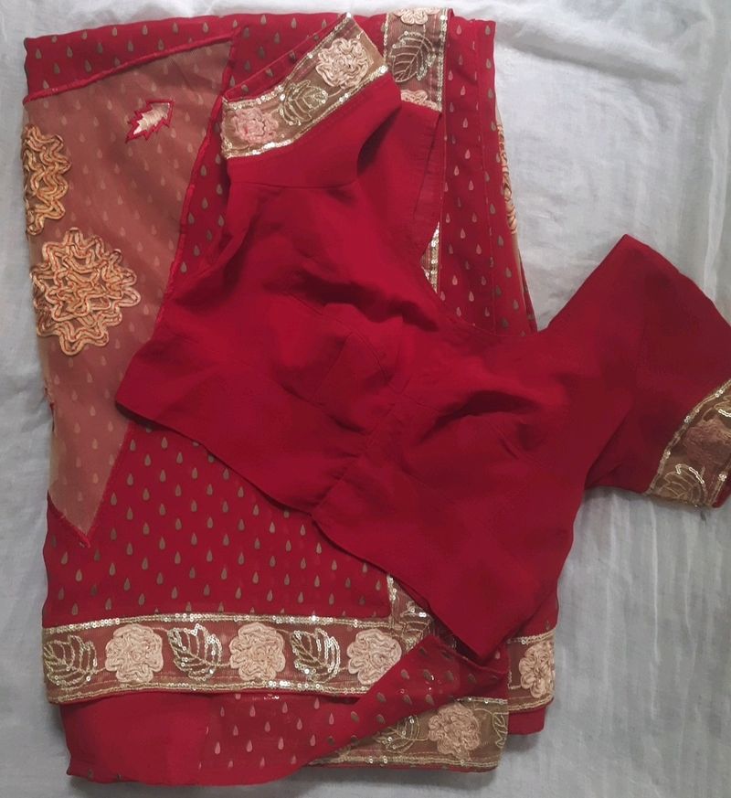 Red Designer Saree With Blouse