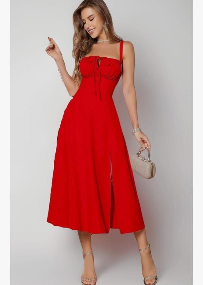 Red tie up A line dress