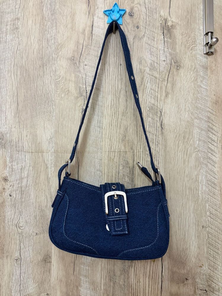 Denim Shoulder Bag with Buckle